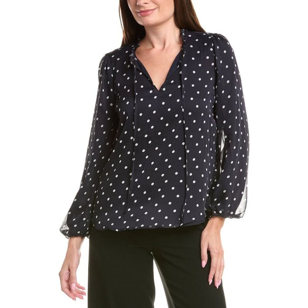 Adrianna Papell Womens Printed Ruffle Tie Neck Chiffon Woven Top, Navy